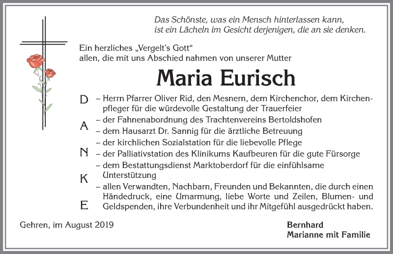 Traueranzeige von Maria Eurisch von Allgäuer Zeitung, Marktoberdorf