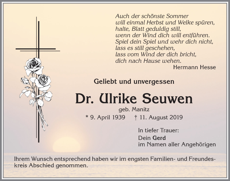  Traueranzeige für Ulrike Seuwen vom 24.08.2019 aus Allgäuer Zeitung,Kempten