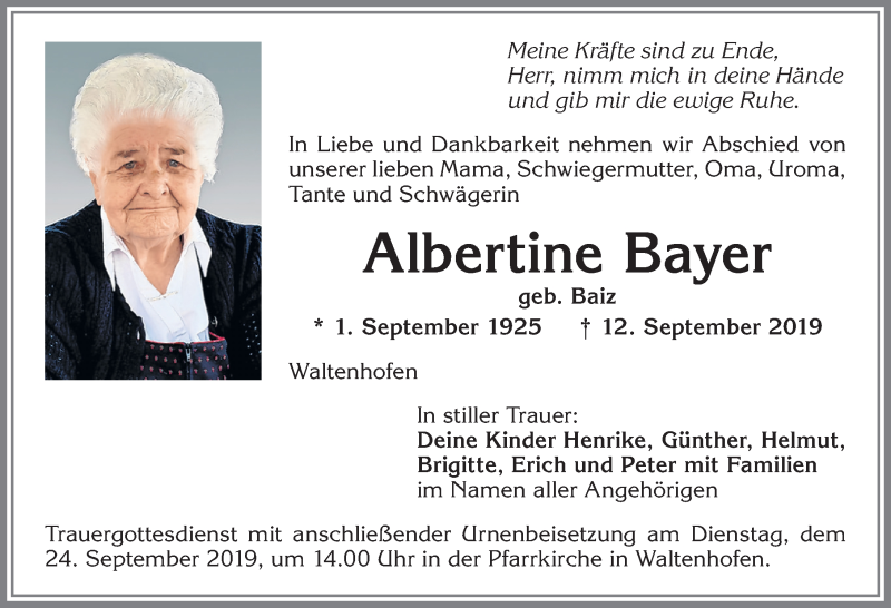 Traueranzeige von Albertine Bayer von Allgäuer Zeitung,Kempten