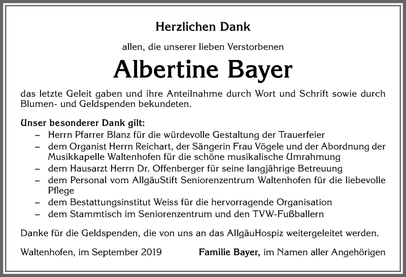 Traueranzeige von Albertine Bayer von Allgäuer Zeitung,Kempten