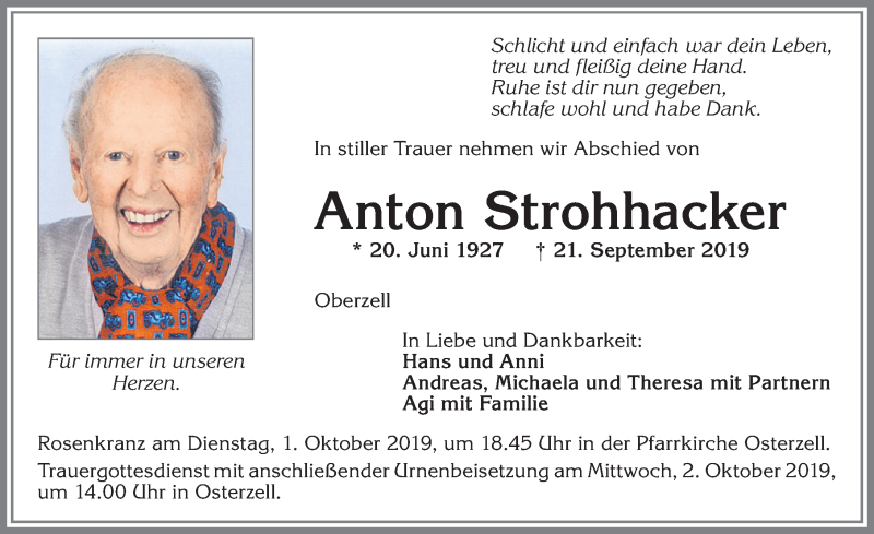 Traueranzeige von Anton Strohhacker von Allgäuer Zeitung, Kaufbeuren/Buchloe