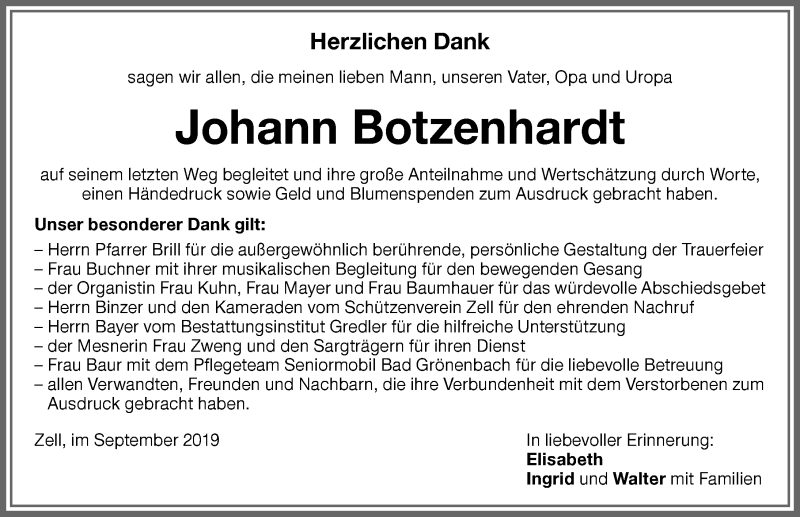 Traueranzeige von Johann Botzenhardt von Memminger Zeitung