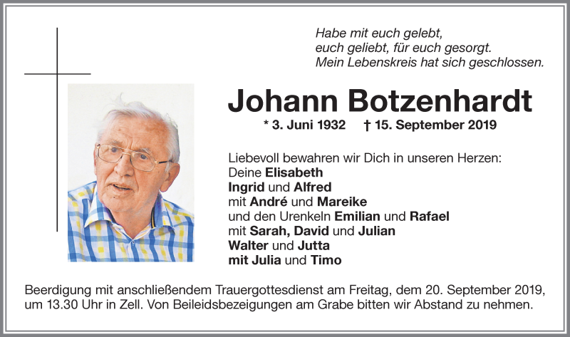 Traueranzeige von Johann Botzenhardt von Memminger Zeitung