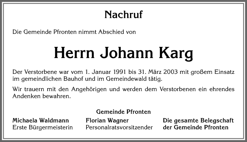 Traueranzeige von Johann Karg von Allgäuer Zeitung, Füssen