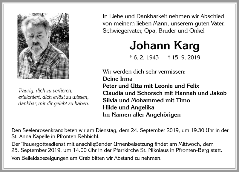 Traueranzeige von Johann Karg von Allgäuer Zeitung, Füssen