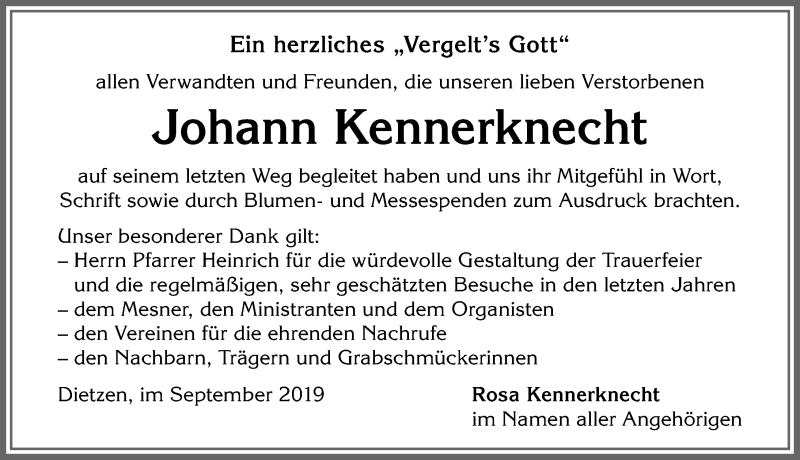 Traueranzeige von Johann Kennerknecht von Allgäuer Anzeigeblatt