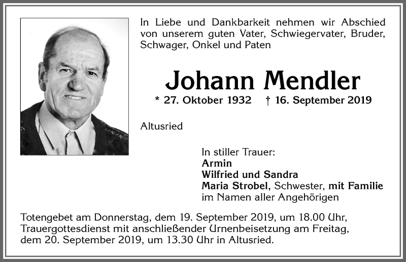 Traueranzeige von Johann Mendler von Allgäuer Zeitung,Kempten