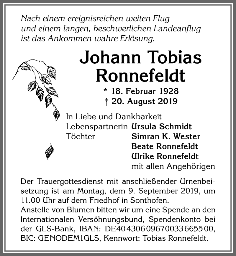 Traueranzeige von Johann Tobias Ronnefeldt von Allgäuer Anzeigeblatt