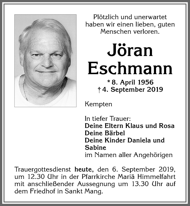 Traueranzeige von Jöran Eschmann von Allgäuer Zeitung,Kempten