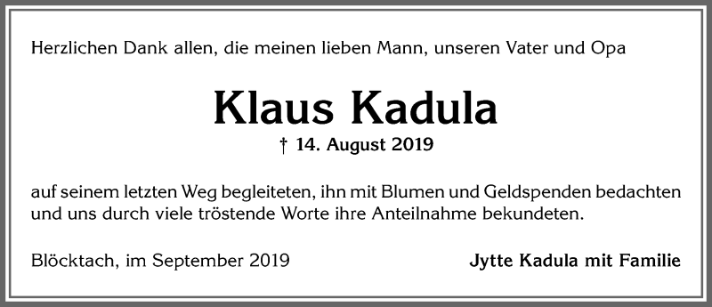 Traueranzeige von Klaus Kadula von Allgäuer Zeitung, Kaufbeuren/Buchloe