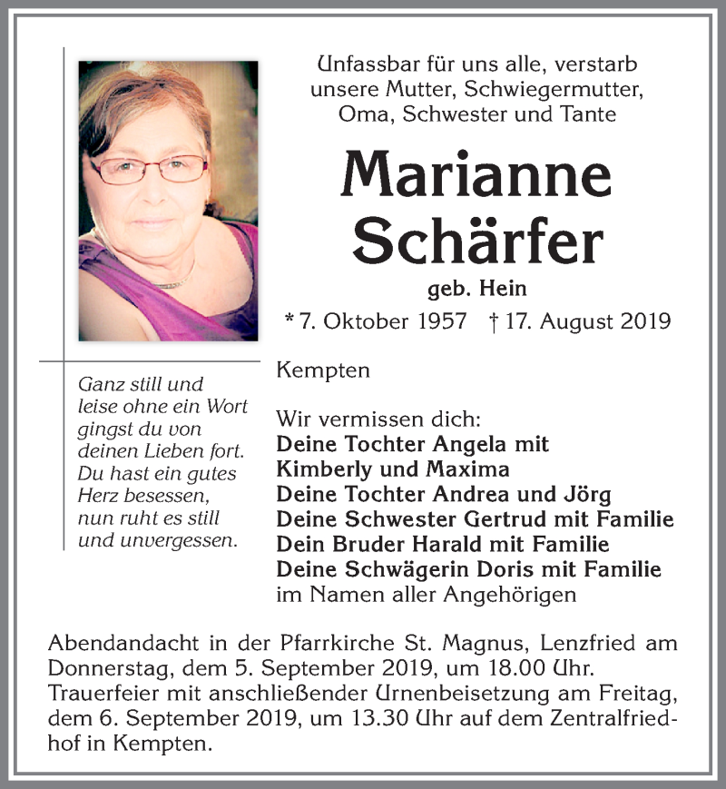 Traueranzeige von Marianne Schärfer von Allgäuer Zeitung,Kempten