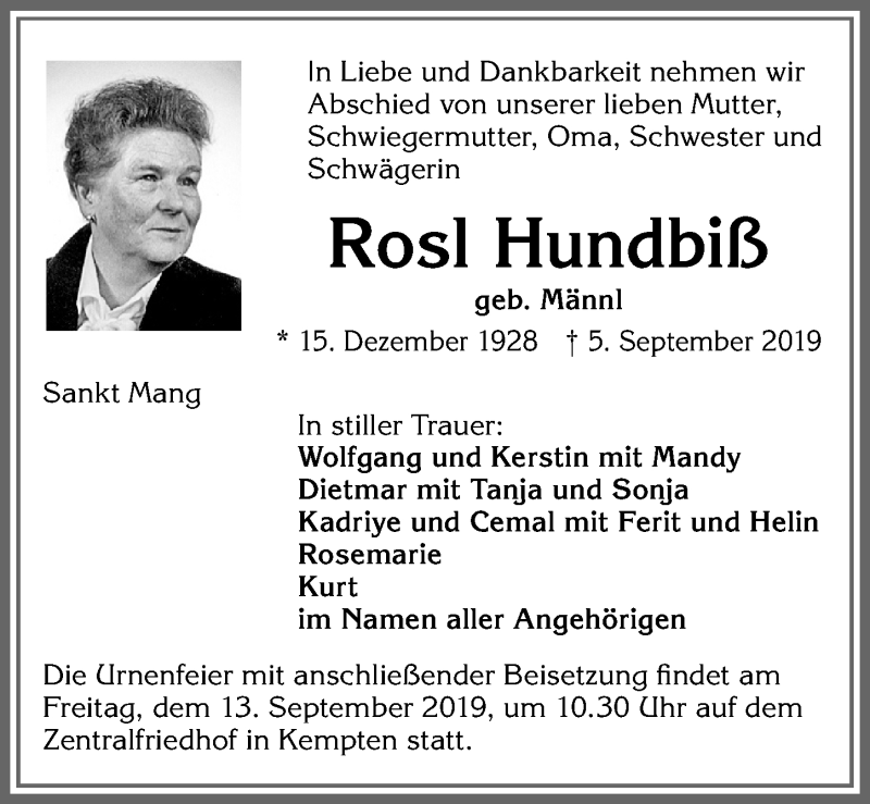 Traueranzeige von Rosl Hundbiß von Allgäuer Zeitung,Kempten