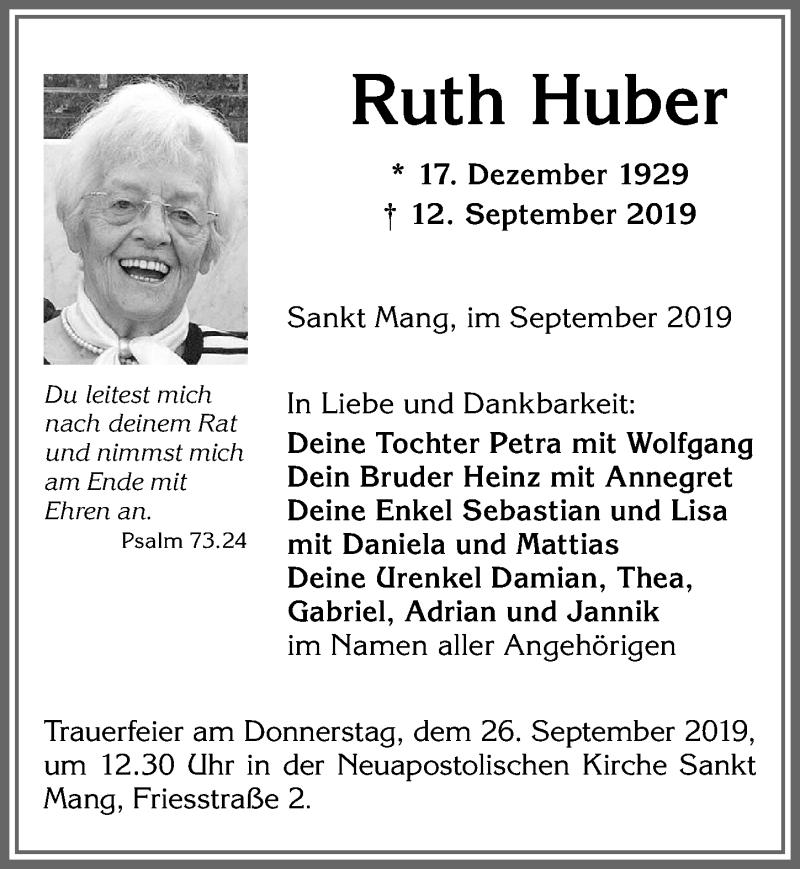 Traueranzeige von Ruth Huber von Allgäuer Zeitung,Kempten