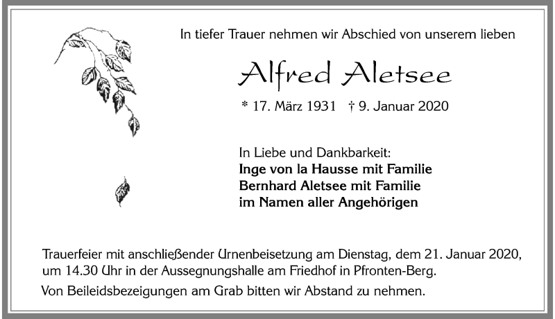Traueranzeige von Alfred Aletsee von Allgäuer Zeitung, Füssen