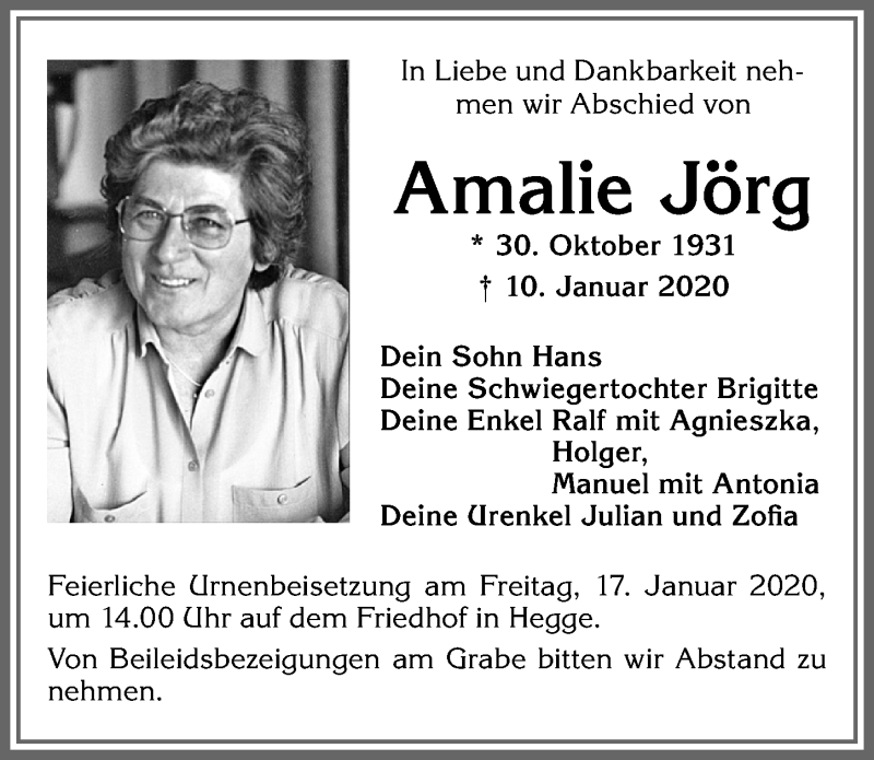 Traueranzeige von Amalie Jörg von Allgäuer Zeitung,Kempten