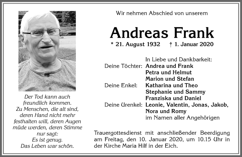Traueranzeige von Andreas Frank von Allgäuer Zeitung,Kempten