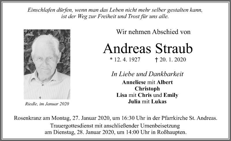 Traueranzeige von Andreas Straub von Allgäuer Zeitung, Füssen