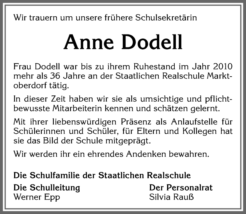 Traueranzeige von Anne Dodell von Allgäuer Zeitung, Marktoberdorf