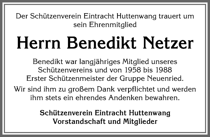 Traueranzeige von Benedikt Netzer von Allgäuer Zeitung, Marktoberdorf