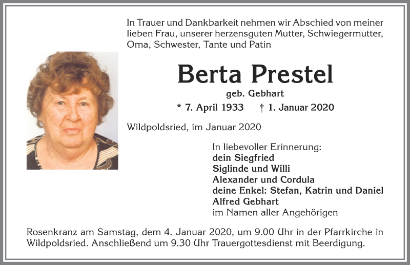 Traueranzeige von Berta Prestel von Allgäuer Zeitung,Kempten