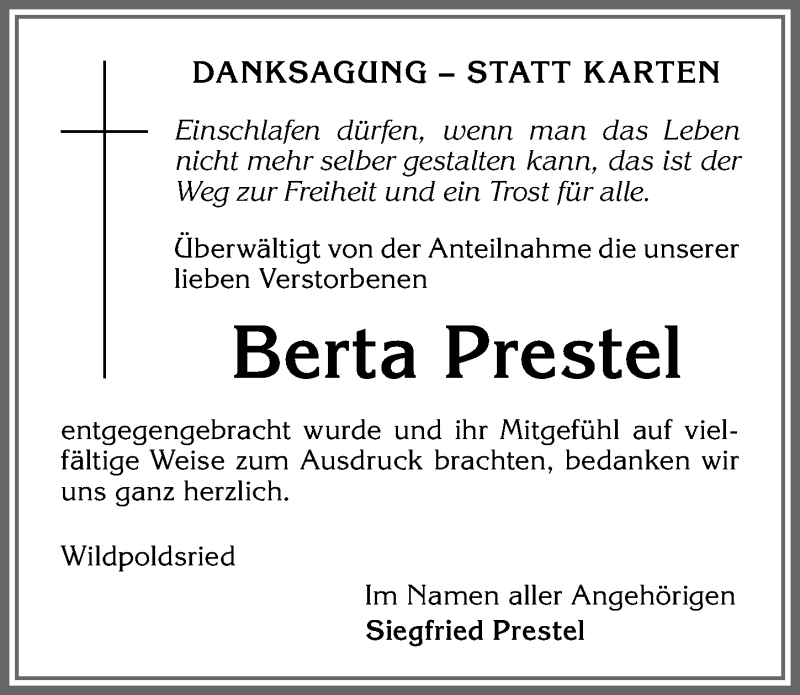 Traueranzeige von Berta Prestel von Allgäuer Zeitung,Kempten