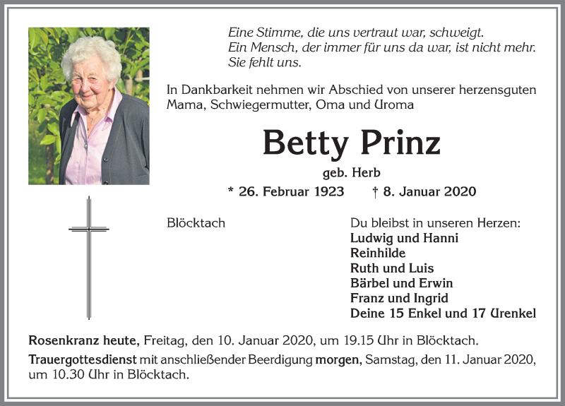 Traueranzeige von Betty Prinz von Allgäuer Zeitung, Kaufbeuren/Buchloe