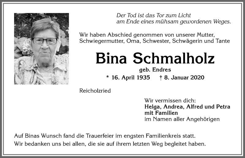 Traueranzeige von Bina Schmalholz von Allgäuer Zeitung,Kempten