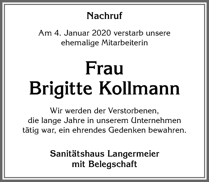 Traueranzeige von Brigitte Kollmann von Allgäuer Zeitung, Kaufbeuren/Buchloe