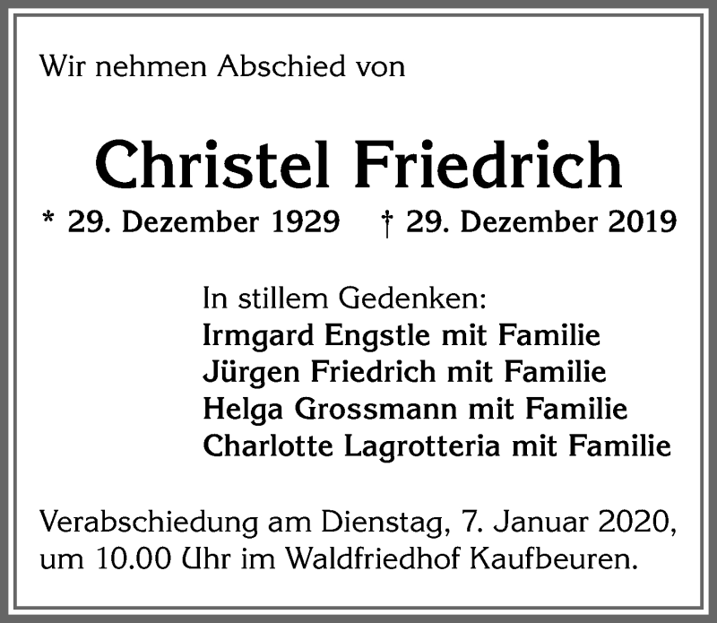 Traueranzeige von Christel Friedrich von Allgäuer Zeitung, Kaufbeuren/Buchloe
