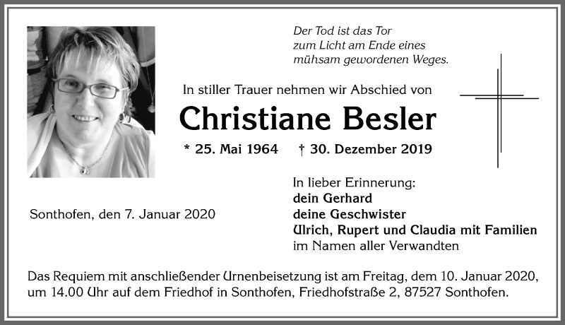 Traueranzeige von Christiane Besler von Allgäuer Anzeigeblatt