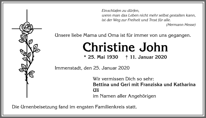 Traueranzeige von Christine John von Allgäuer Zeitung