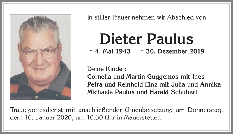 Traueranzeige von Dieter Paulus von Allgäuer Zeitung, Kaufbeuren/Buchloe