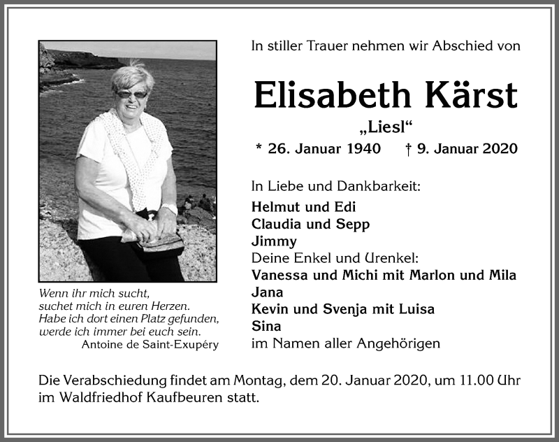 Traueranzeige von Elisabeth Kärst von Allgäuer Zeitung, Kaufbeuren/Buchloe
