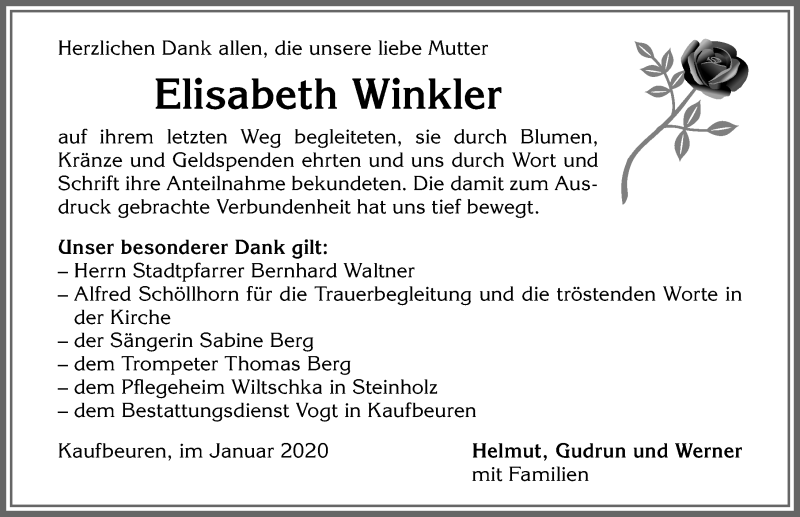 Traueranzeige von Elisabeth Winkler von Allgäuer Zeitung, Kaufbeuren/Buchloe