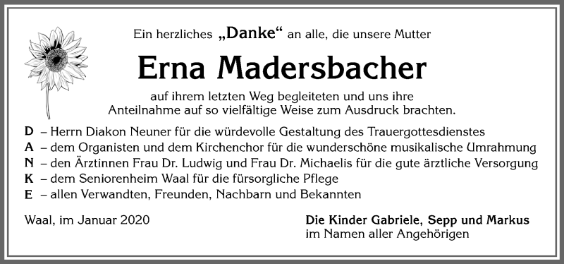 Traueranzeige von Erna Madersbacher von Allgäuer Zeitung, Kaufbeuren/Buchloe