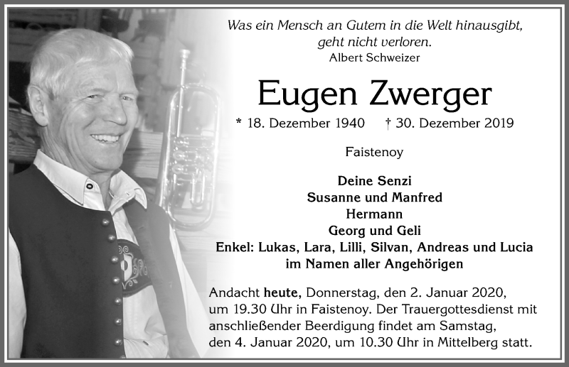 Traueranzeige von Eugen Zwerger von Allgäuer Zeitung,Kempten