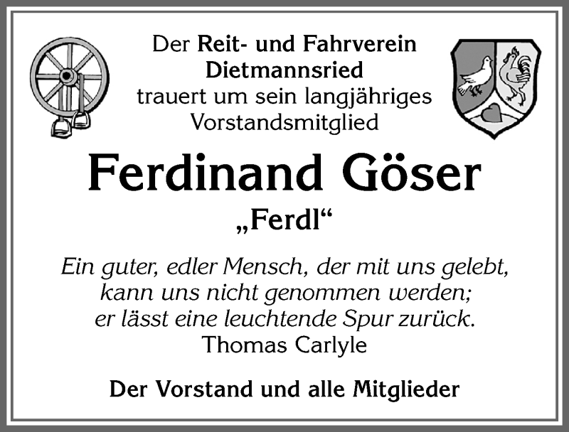 Traueranzeige von Ferdinand Göser von Allgäuer Zeitung