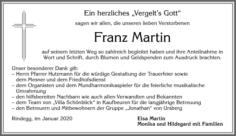 Traueranzeige von Franz Martin von Allgäuer Zeitung, Füssen