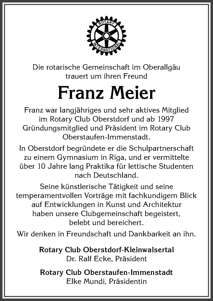 Traueranzeige von Franz Meier von Allgäuer Anzeigeblatt