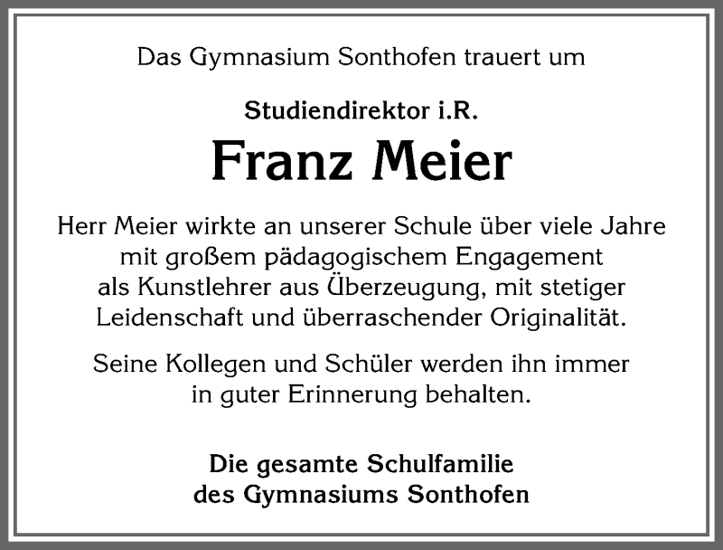 Traueranzeige von Franz Meier von Allgäuer Anzeigeblatt