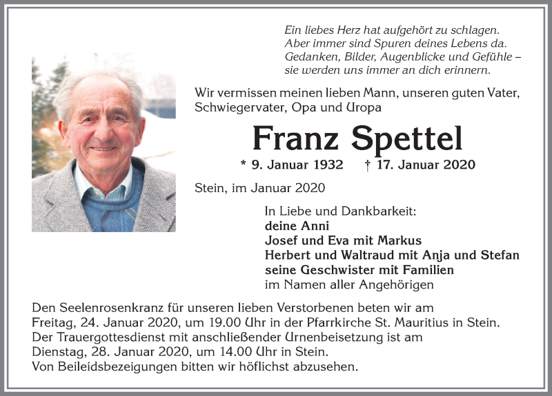Traueranzeige von Franz Spettel von Allgäuer Anzeigeblatt