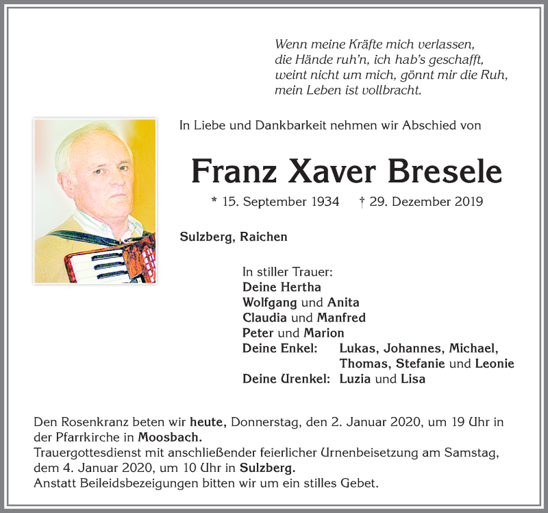 Traueranzeige von Franz Xaver Bresele von Allgäuer Zeitung,Kempten