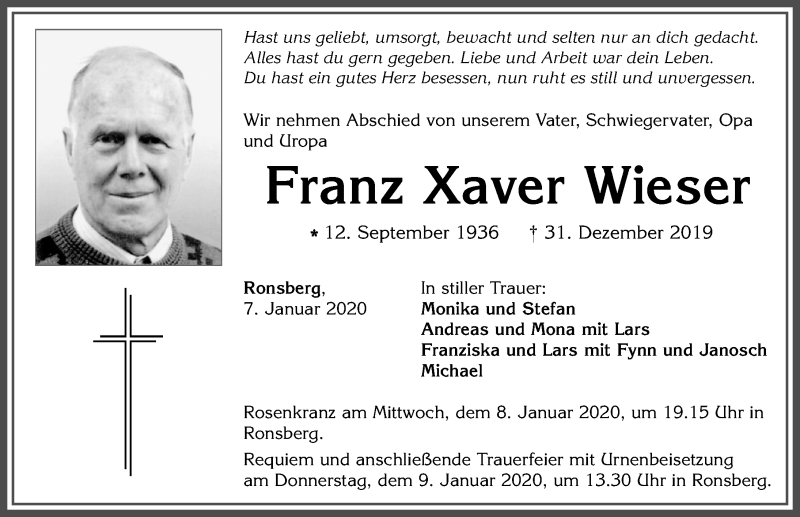 Traueranzeige von Franz Xaver Wieser von Allgäuer Zeitung, Marktoberdorf