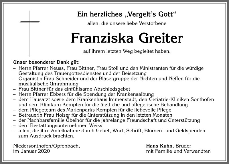 Traueranzeige von Franziska Greiter von Allgäuer Anzeigeblatt