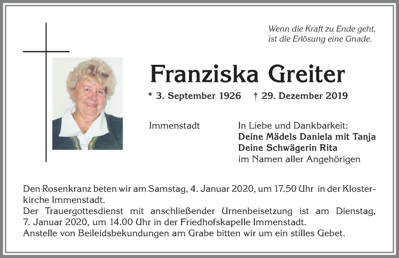 Traueranzeige von Franziska Greiter von Allgäuer Anzeigeblatt