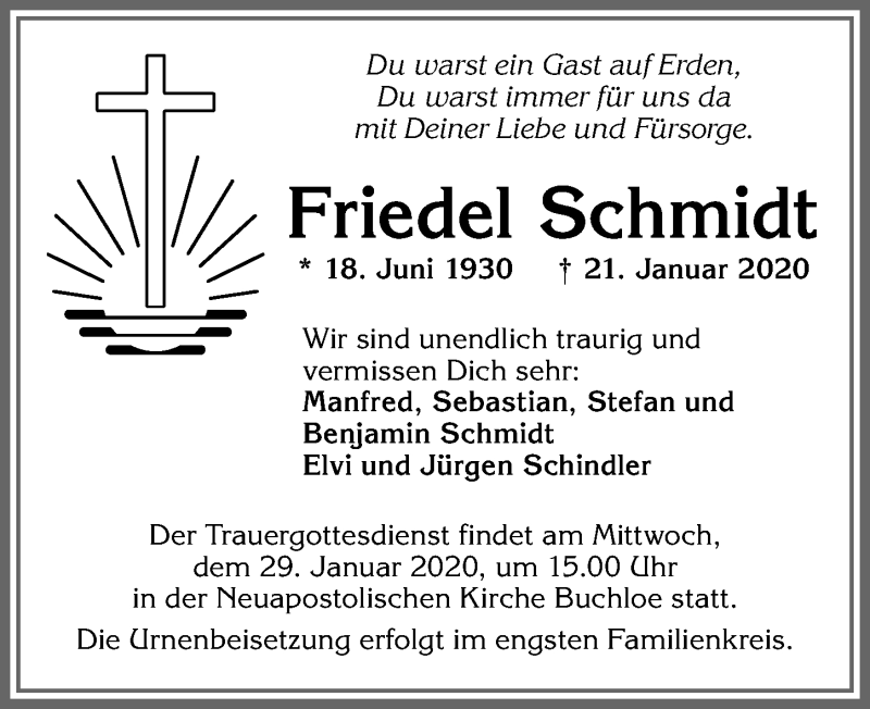 Traueranzeige von Friedel Schmidt von Allgäuer Zeitung, Kaufbeuren/Buchloe