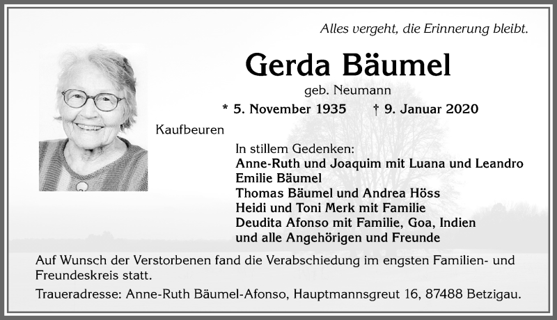 Traueranzeige von Gerda Bäumel von Allgäuer Zeitung, Kaufbeuren/Buchloe