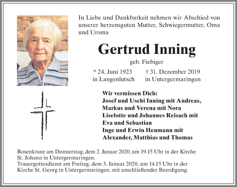 Traueranzeige von Gertrud Inning von Allgäuer Zeitung, Kaufbeuren/Buchloe