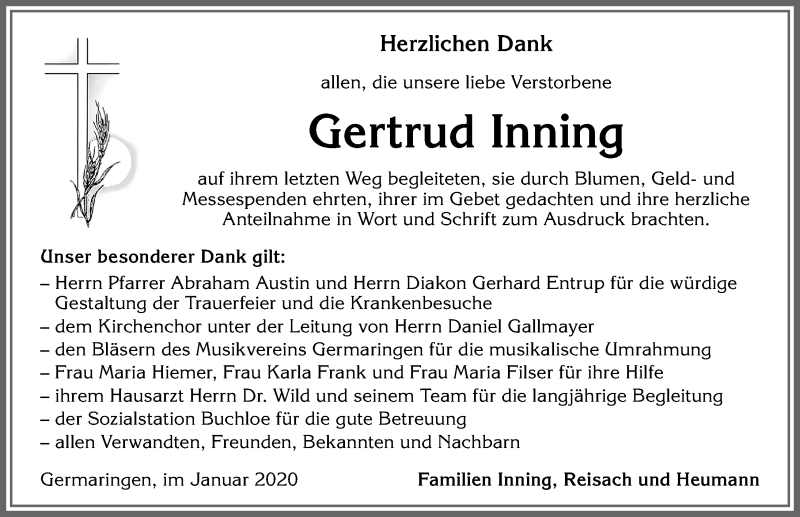 Traueranzeige von Gertrud Inning von Allgäuer Zeitung, Kaufbeuren/Buchloe