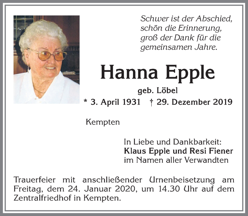 Traueranzeige von Hanna Epple von Allgäuer Zeitung,Kempten